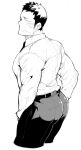  1boy :s ass bara blush collared_shirt cropped_legs embarrassed from_side greyscale large_pectorals long_sideburns male_focus monochrome muscular muscular_male naop_(anything) original pants pectorals shirt short_hair sideburns solo sweatdrop thick_thighs thighs tight tight_pants 