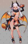  1girl bangs bare_shoulders bow commentary detached_sleeves fangs full_body fur groin hair_between_eyes hair_bow hand_up highres holding horns long_hair looking_at_viewer midriff navel open_mouth original pointy_ears pumpkin revealing_clothes shibainu sidelocks solo standing symbol-only_commentary tail thigh_strap thighs two_side_up wings 