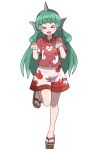  &gt;_&lt; 1girl absurdres aqua_hair asatsuki_(fgfff) blush buttons cloud_print commentary_request curly_hair eyebrows_visible_through_hair eyelashes fang full_body geta heart highres horns kariyushi_shirt komainu komano_aunn long_hair nail_polish open_mouth parody paw_pose red_shirt shirt short_hair shorts simple_background single_horn style_parody sugimori_ken_(style) thick_eyebrows touhou white_background white_shorts 