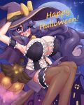  1girl @_@ alternate_breast_size arm_up black_gloves blush breasts broom broom_riding commentary english_commentary english_text fangs full_moon gloves hair_between_eyes halloween hand_on_headwear happy_halloween hat hex_maniac_(pokemon) highres huge_breasts inktober long_hair looking_at_viewer messy_hair moon mud_(artist) night night_sky open_mouth outdoors pokemon pokemon_(creature) pokemon_(game) pokemon_xy pumpkaboo sky solo_focus sparkle star_(sky) very_long_hair witch witch_hat 