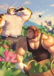  2boys absurdres animal_ears bara bare_shoulders beard belly black_butterfly black_tank_top bottle bug bulge butterfly chest_hair covered_nipples drinking facial_hair flower foreshortening furry furry_male gloves head_scarf highres holding holding_bottle large_pectorals lion_boy lion_ears lion_tail male_focus mature_male mixvariety multiple_boys muscular muscular_male original outdoors pectoral_cleavage pectorals pink_flower plant plump see-through shirt short_hair sideburns sidepec smile sunlight tail tank_top thick_eyebrows tied_sleeves tiger_boy tiger_ears wet wet_clothes wet_shirt white_gloves 