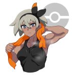  1girl bangs bare_arms bea_(pokemon) biceps black_bodysuit black_hairband blush bodysuit bow_hairband breasts closed_mouth commentary_request dark-skinned_female dark_skin frown grey_eyes grey_hair hair_between_eyes hairband holding holding_towel looking_at_viewer mantan muscular muscular_female poke_ball_symbol pokemon pokemon_(game) pokemon_swsh short_hair solo steam sweat towel towel_around_neck upper_body 