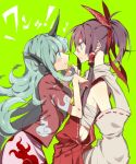  2girls :/ ascot bangs blush bow brown_eyes brown_hair cloud_print collared_shirt commentary curly_hair detached_sleeves expressionless flat_chest fuuga_(perv_rsity) green_background green_eyes green_hair hair_bow hair_tubes hakurei_reimu heart horns kariyushi_shirt komano_aunn long_sleeves looking_at_another multiple_girls nontraditional_miko paw_pose ponytail red_bow red_shirt ribbon-trimmed_sleeves ribbon_trim sarashi shiny shiny_hair shirt short_shorts short_sleeves shorts sidelocks simple_background single_horn smile standing touhou translated upper_body white_shorts wide_sleeves wing_collar yellow_ascot 
