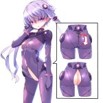  1girl :o anus ass ass_visible_through_thighs bangs bodysuit breasts bright_pupils commentary_request covered_navel cowboy_shot crotch_zipper eyebrows_visible_through_hair gloves hair_tubes highres inset looking_at_viewer neon_genesis_evangelion open_mouth plugsuit pon_(shind_997) purple_gloves pussy short_hair_with_long_locks sidelocks simple_background small_breasts solo uncensored vocaloid voiceroid white_background yuzuki_yukari zipper 