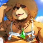  1boy bandaid bandaid_on_cheek bara bare_shoulders bear_boy blush brown_fur character_request fang forked_eyebrows from_below furry furry_male hat jewelry large_pectorals male_focus muscular muscular_male naked_overalls necklace overalls pectoral_cleavage pectorals rossciaco sideburns sidepec solo straw_hat sunlight thick_eyebrows tokyo_afterschool_summoners upper_body 