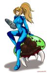  1girl arm_cannon bangs blonde_hair blue_eyes breasts glowing gun highres johncaden long_hair looking_at_viewer metroid metroid_(creature) mole mole_under_mouth ponytail samus_aran simple_background solo weapon 