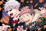  2boys animal_ears bangs black_cloak black_hair blue_eyes bow bowtie candy cloak collared_shirt dated facial_mark fangs food fur_collar gojou_satoru green_eyes green_jacket hair_between_eyes hands_up happy_halloween itadori_yuuji jack-o&#039;-lantern jacket jujutsu_kaisen looking_at_viewer male_focus multiple_boys open_hands open_mouth pink_hair red_bow rinjin_(hitchcock) shirt short_hair spiked_hair star_(symbol) sunglasses tongue tongue_out typo undercut upper_body white_hair white_shirt 