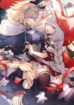  2girls absurdres animal_ears armor armored_dress bangs black_legwear blonde_hair blue_eyes braid braided_ponytail breasts chain cloak fate/apocrypha fate/grand_order fate_(series) gloves half_gloves headpiece highres jeanne_d&#039;arc_(fate) jeanne_d&#039;arc_(fate/apocrypha) large_breasts leash long_hair looking_at_another marie_antoinette_(fate) multiple_girls no-kan silver_hair single_braid smile thighhighs very_long_hair wolf_ears yuri 