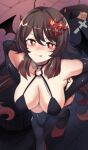  1girl black_gloves blush breasts brown_hair cleavage closed_mouth demon_tail demon_wings elbow_gloves flower flower-shaped_pupils genshin_impact gloves hair_between_eyes hair_flower hair_ornament halloween highres hinghoi horns hu_tao_(genshin_impact) large_breasts leaning_forward long_hair looking_at_viewer o-ring o-ring_top red_eyes solo standing symbol-shaped_pupils tail thighhighs tongue tongue_out very_long_hair wings 