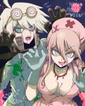  1boy 1girl ahoge animal_print bat_print black_background black_gloves blonde_hair blood blood_from_mouth blood_on_breasts breasts buttons claw_pose collarbone danganronpa_(series) danganronpa_v3:_killing_harmony eyebrows_visible_through_hair eyewear_on_head fangs gloves green_eyes green_gloves hair_between_eyes hakusoto halloween hands_up happy_halloween hat iruma_miu jacket jewelry keebo large_breasts long_hair looking_at_viewer necklace no_bra nurse nurse_cap paint_splatter pink_blood short_hair symbol-only_commentary teeth tongue tongue_out upper_teeth 