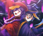  2boys :d bangs bead_necklace beads blurry blurry_background blush_stickers brown_eyes brown_hair commentary_request danganronpa_(series) danganronpa_v3:_killing_harmony from_side hair_between_eyes hat highres jewelry jiangshi long_sleeves looking_at_viewer male_focus multiple_boys necklace ofuda ouma_kokichi porary purple_eyes purple_headwear red_headwear saihara_shuuichi short_hair smile sweatdrop teeth tongue tongue_out upper_teeth wide_sleeves 