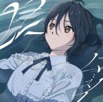  1girl 22/7 album_cover black_hair blue_bow bow brown_eyes copyright_name cover highres looking_at_viewer official_art shirt short_hair takigawa_miu upper_body water wet 