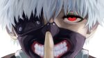  1boy absurdres bangs black_eyepatch black_mask close-up commentary_request eyepatch face grey_background grey_hair hand_up highres kaneki_ken looking_at_viewer male_focus red_eyes short_hair simple_background solo teeth_print tokyo_ghoul tomato_(akait0mat0) 