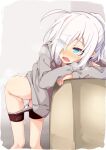  1girl after_sex bent_over bike_shorts blue_eyes blue_nails blush borrowed_character clothes_pull commentary_request cum cum_in_pussy cum_on_ass cum_on_clothes cumdrip eyes_visible_through_hair feet_out_of_frame grey_hoodie hair_over_one_eye heavy_breathing highres hood hoodie light_blue_eyes medium_hair nail_polish nose_blush nowareno_(higashi_shino) ogami_kazuki open_mouth original panties panty_pull pointy_ears short_ponytail shorts shorts_pull slit_pupils solo steaming_body sweat trembling underwear wavy_mouth white_hair 