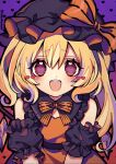  1girl alternate_color alternate_costume artist_name bangs belt black_belt black_headwear blonde_hair blush bow crystal dress english_commentary english_text eyebrows_visible_through_hair flandre_scarlet frilled_dress frills gradient gradient_background halloween halloween_costume hat heart heart-shaped_pupils highres kyouda_suzuka looking_at_viewer mob_cap off_shoulder open_mouth orange_bow orange_dress profanity puffy_short_sleeves puffy_sleeves red_eyes short_sleeves side_ponytail solo standing striped striped_bow symbol-shaped_pupils teeth touhou twitter_username upper_body upper_teeth when_you_see_it wings 