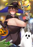  1girl 1other ^^^ ambiguous_gender black_gloves blurry blurry_background blush breasts brown_hair cape choker cleavage closed_mouth commentary_request detached_sleeves dress food ghost_costume gloves halloween_bucket hat highres large_breasts nipples one_breast_out original ricochet-gou shiny shiny_skin short_hair strapless strapless_dress sweat sweets translated witch_hat yellow_eyes 