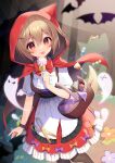  1girl :p animal_ears apron bat bow bowtie brown_legwear candy cape collared_shirt dot_nose feet_out_of_frame flower food forest ghost glint hair_between_eyes halloween hand_up highres holding holding_candy holding_food holding_lollipop hood hood_up hooded_cape konogi_nogi little_red_riding_hood little_red_riding_hood_(grimm) lollipop looking_at_viewer medium_hair nature orange_bow pantyhose puffy_short_sleeves puffy_sleeves purple_bow red_bow red_bowtie red_cape red_eyes red_hood red_skirt scissors shirt short_sleeves skirt smile solo tongue tongue_out white_apron white_shirt wolf_ears wristband 