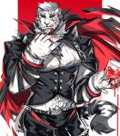  1boy animal_ears arknights bara blood blood_on_hands chain commentary english_commentary furry furry_male glass graysheartart highres jewelry large_pectorals looking_at_viewer male_focus mountain_(arknights) mountain_(dark_cloud)_(arknights) muscular muscular_male pectorals ring scar scar_across_eye scar_on_face short_hair solo tiger_boy tiger_ears vampire_costume white_fur white_hair 