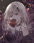  1girl alter_ego_malevolent_(granblue_fantasy) apple ayacho bags_under_eyes bare_shoulders black_dress choker djeeta_(granblue_fantasy) dress earrings food fruit granblue_fantasy hair_ornament jewelry licking red_eyes short_hair solo tongue tongue_out upper_body white_hair x_hair_ornament 