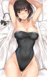  1girl :d amagami armpits arms_up ass_visible_through_thighs bangs bed_sheet black_bow black_bowtie black_swimsuit blush bow bowtie bowtie_removed breasts brown_eyes cleavage clothes_pull competition_swimsuit covered_navel cowboy_shot eyebrows_visible_through_hair from_above groin large_breasts looking_at_viewer lying nose_blush on_back on_bed one-piece_swimsuit open_clothes open_shirt pillow serizawa_(serizawaroom) shirt shirt_removed short_hair smile solo swimsuit swimsuit_pull thigh_gap tsukahara_hibiki white_shirt wide_hips 