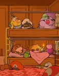  3girls 4boys admiral_bobbery bed bedroom blonde_hair brisbane brown_hair bunk_bed commentary_request facial_hair flurrie goombella hat highres indoors koops mario mario_(series) mohawk multiple_boys multiple_girls mustache paper_mario paper_mario:_the_thousand_year_door pink_hair sleeping vivian_(paper_mario) yoshi 