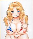  1girl airi_(akamichiaika) american_flag_bikini bikini bikini_lift blonde_hair blue_eyes blush bottomless breasts closed_mouth clothes_lift collarbone eyebrows_visible_through_hair flag_print girls_und_panzer highres kay_(girls_und_panzer) large_breasts lifted_by_self long_hair looking_at_viewer micro_bikini navel nipples pussy shiny shiny_hair shiny_skin simple_background smile solo sweat swimsuit tongue tongue_out white_background 
