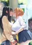  2girls against_wall asymmetrical_docking black_hair blue_skirt blush breast_press breasts can closed_eyes commentary_request commission embarrassed eyebrows_visible_through_hair heart highres holding holding_can huge_breasts imminent_kiss large_breasts long_hair long_sleeves looking_at_another medium_breasts mieruko-chan miniskirt monobe_yuri multiple_girls noses_touching orange_hair outdoors school_uniform shirt short_hair skeb_commission skirt sleeve_pull smile sunlight surprised sweatdrop tented_shirt thighs vending_machine white_shirt yellow_eyes yotsuya_miko yuri yurikawa_hana 