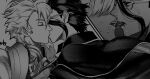  2boys ahoge aladdin_(sinoalice) blush butler cape closed_eyes commission crop_top formal french_kiss fringe_trim glasses gloves greyscale hair_over_eyes hair_slicked_back hameln_(sinoalice) highres kiss looking_at_another male_focus monochrome multiple_boys panels saliva short_hair sinoalice skeb_commission suit tongue tongue_out vortex_july yaoi 