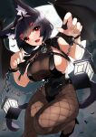  1girl absurdres animal_ear_fluff animal_ears azur_lane bat bat_wings bell black_hair black_hairband black_legwear black_leotard black_wings breasts cat_ears cat_tail chain commentary_request eyebrows_visible_through_hair fang fishnet_legwear fishnets hairband halloween hands_up high_heels highres jingle_bell knee_up lantern large_breasts leotard looking_at_viewer mismatched_eyebrows moon neck_bell night open_mouth pantyhose red_eyes short_hair sideboob skin_fang tail wings wrist_cuffs yamaha_tsui yamashiro_(azur_lane) 