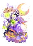  beak bird bright_pupils candle closed_mouth commentary_request crescent_moon fire flame halloween happy_halloween highres honchkrow leaf moon no_humans pokemon pokemon_(creature) pumpkaboo red_eyes silk spider_web standing talons white_pupils yyy9696yyy 