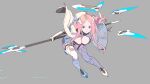  1girl :o absurdres bangs bent_over blue_eyes breasts capelet commentary_request enkyo_yuuichirou gloves grey_background halberd heterochromia highres holding holding_polearm holding_weapon large_breasts long_hair looking_at_viewer original parted_bangs parted_lips pink_eyes pink_hair polearm revision simple_background solo thighhighs weapon white_capelet white_gloves 