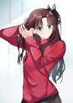  1girl absurdres adjusting_hair amausa_subee aqua_eyes black_bow bow brown_hair closed_mouth commentary_request fate/stay_night fate_(series) hair_bow hair_half_undone highres long_hair long_sleeves looking_at_viewer one_side_up red_shirt shirt solo tohsaka_rin turtleneck upper_body 