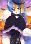  1girl animal_ear_fluff animal_ears black_collar black_dress blue_eyes blue_hair blue_headwear chain collar commentary_request dress fang ghost hands_up hat jack-o&#039;-lantern jiangshi_costume long_hair long_sleeves looking_at_viewer maki_soutoki ofuda open_mouth original qing_guanmao sleeves_past_fingers sleeves_past_wrists solo tail twintails 