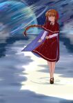  1girl absurdres braid brown_footwear caiguang_lianhua cape capelet cloak closed_eyes full_body highres long_hair long_sleeves mary_janes medium_skirt no_socks okazaki_yumemi red_cape red_capelet red_hair red_skirt red_vest shoes skirt standing standing_on_liquid touhou touhou_(pc-98) vest 