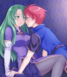  1boy 1girl :d black_legwear blue_eyes blue_shirt breasts cecilia_(fire_emblem) commentary_request dress elbow_gloves fire_emblem fire_emblem:_the_binding_blade gloves green_eyes green_hair ham_pon hetero highres large_breasts long_hair looking_at_another purple_dress red_hair roy_(fire_emblem) shirt smile white_gloves 
