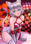  1girl animal_ear_fluff animal_ears animal_print asymmetrical_clothes bare_shoulders breasts cat_ears cat_print cat_tail collar collarbone corset elbow_gloves fate/apocrypha fate/grand_order fate_(series) gloves green_eyes grin hair_between_eyes halloween highres jack-o&#039;-lantern jack_the_ripper_(fate/apocrypha) ksfactory layered_gloves looking_at_viewer pumpkin red_gloves red_legwear scar scar_across_eye scar_on_cheek scar_on_face short_hair single_pantsleg sitting small_breasts smile tail wariza white_gloves white_hair 