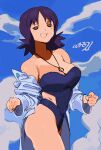  1girl absurdres artist_name blue_background blue_shirt blue_swimsuit breasts cloud commentary grey_eyes highres jewelry large_breasts looking_at_viewer medium_hair necklace one-piece_swimsuit open_clothes open_mouth open_shirt philena_ivy pokemon pokemon_(anime) pokemon_(classic_anime) purple_swimsuit shirt smile solo swimsuit whoopsatro 