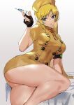  1girl :o ashiomi_masato ass bangs bent_over blonde_hair blue_eyes breasts guilty_gear guilty_gear_strive hat highres knee_up leaning_forward looking_at_viewer looking_back millia_rage needle nurse nurse_cap solo thick_thighs thighs upskirt white_background 