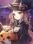  1girl absurdres animal_ear_headwear bow brown_hair candy commentary food gloves hair_rings hat hat_bow highres holding_jack-o&#039;-lantern horse_girl jack-o&#039;-lantern lollipop long_hair long_sleeves looking_at_viewer necktie purple_eyes shino_sto smile solo sweep_tosho_(umamusume) swirl_lollipop umamusume upper_body white_gloves witch_hat 