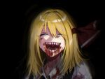  1girl ^_^ black_background black_vest blonde_hair blood blood_on_clothes blood_on_face closed_eyes collared_shirt commentary_request dark fuuga_(perv_rsity) hair_between_eyes hair_ribbon happy highres lower_teeth medium_hair open_mouth red_ribbon ribbon rumia sharp_teeth shiny shiny_hair shirt simple_background solo standing teeth tongue touhou upper_body upper_teeth vest white_shirt wing_collar 