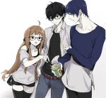  1girl 2boys amamiya_ren behind-the-head_headphones belt black-framed_eyewear closed_mouth food glasses headphones izumi_(nagashi) kitagawa_yuusuke long_hair multiple_boys open_mouth orange_hair persona persona_5 sakura_futaba shirt shorts simple_background snack thighhighs 