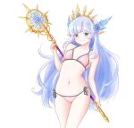  1girl alternate_costume bangs blue_eyes breasts dragalia_lost granblue_fantasy hair_ornament highres holding holding_weapon lily_(granblue_fantasy) looking_at_viewer navel pointy_ears shirokuma_(shirokuma416) small_breasts swimsuit upper_body weapon 