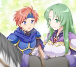  1boy 1girl :d armor blue_cape blue_eyes blue_headband cape cecilia_(fire_emblem) elbow_gloves fire_emblem fire_emblem:_the_binding_blade gloves green_eyes green_hair ham_pon headband highres horse long_hair looking_at_another purple_cape red_hair roy_(fire_emblem) smile white_gloves 