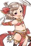  1girl :d avatar_(ffxiv) bandeau bare_shoulders braid breasts bridal_gauntlets brown_hair chakram dancer dancer_(final_fantasy) final_fantasy final_fantasy_xiv hair_ribbon half_updo holding holding_weapon jewelry lalafell leg_up loincloth looking_at_viewer necklace pelvic_curtain pink_eyes pointy_ears red_ribbon ribbon simple_background small_breasts smile solo tassel teeth weapon white_background youhei_64d 