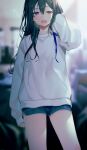  1girl achiki bangs black_hair blue_shorts blurry blurry_background hair_between_eyes highres ichinose_uruha long_hair long_sleeves looking_at_viewer lupinus_virtual_games open_mouth purple_eyes shirt short_shorts shorts solo virtual_youtuber vspo! white_shirt yawning 