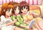  3girls arm_hug bangs bare_legs bed bed_sheet blush breasts closed_mouth collarbone covered_nipples frills highres hino_akane_(idolmaster) honda_mio huddle idolmaster idolmaster_cinderella_girls indoors kezune_(i-_-i) large_breasts leaning_on_object leaning_on_person long_hair lying multiple_girls open_mouth pillow short_hair sleepwear small_breasts smile takamori_aiko wide_hips 