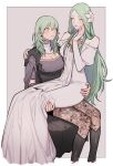  2girls bangs black_footwear black_legwear blush breasts byleth_(fire_emblem) byleth_(fire_emblem)_(female) cleavage commentary_request detached_sleeves dress enlightened_byleth_(female) eyebrows_visible_through_hair fire_emblem fire_emblem_heroes flower garreg_mach_monastery_uniform hair_flower hair_ornament highres ikarin kneehighs large_breasts long_hair looking_at_another multiple_girls pantyhose parted_lips pointy_ears rhea_(fire_emblem) simple_background sitting sitting_on_lap sitting_on_person white_dress white_flower yuri 