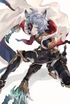  1boy animal_ears blue_eyes cape claw_(weapon) commentary commission erune frown granblue_fantasy grey_hair highres hood hood_down long_sleeves male_focus mask mask_over_one_eye mole mole_under_eye mumu_vosp pants seox_(granblue_fantasy) short_hair solo weapon white_background 