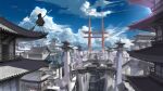  1girl absurdres architecture black_hair blue_sky broom building cityscape cloud day east_asian_architecture fantasy from_behind highres long_hair original outdoors roitz rooftop scenery sky sleeves_past_wrists solo standing standing_on_roof torii tower witch 