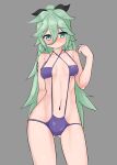  1girl absurdres bangs black_ribbon braid breasts casual_one-piece_swimsuit contrapposto cowboy_shot green_eyes green_hair grey_background hair_between_eyes hair_flaps hair_ornament hair_ribbon hairclip highres kantai_collection long_hair maru_(marg0613) one-piece_swimsuit parted_bangs ponytail purple_swimsuit remodel_(kantai_collection) ribbon sidelocks simple_background slingshot_swimsuit small_breasts solo standing swimsuit twin_braids yamakaze_(kancolle) 